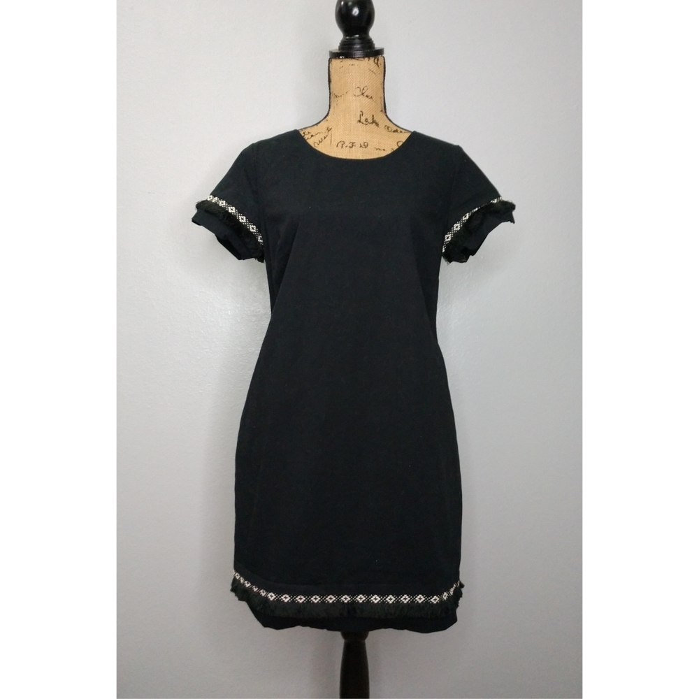 Coercion London Women's Size 8 Black Midi Short Sleeve Tassel Boho Dress Zip